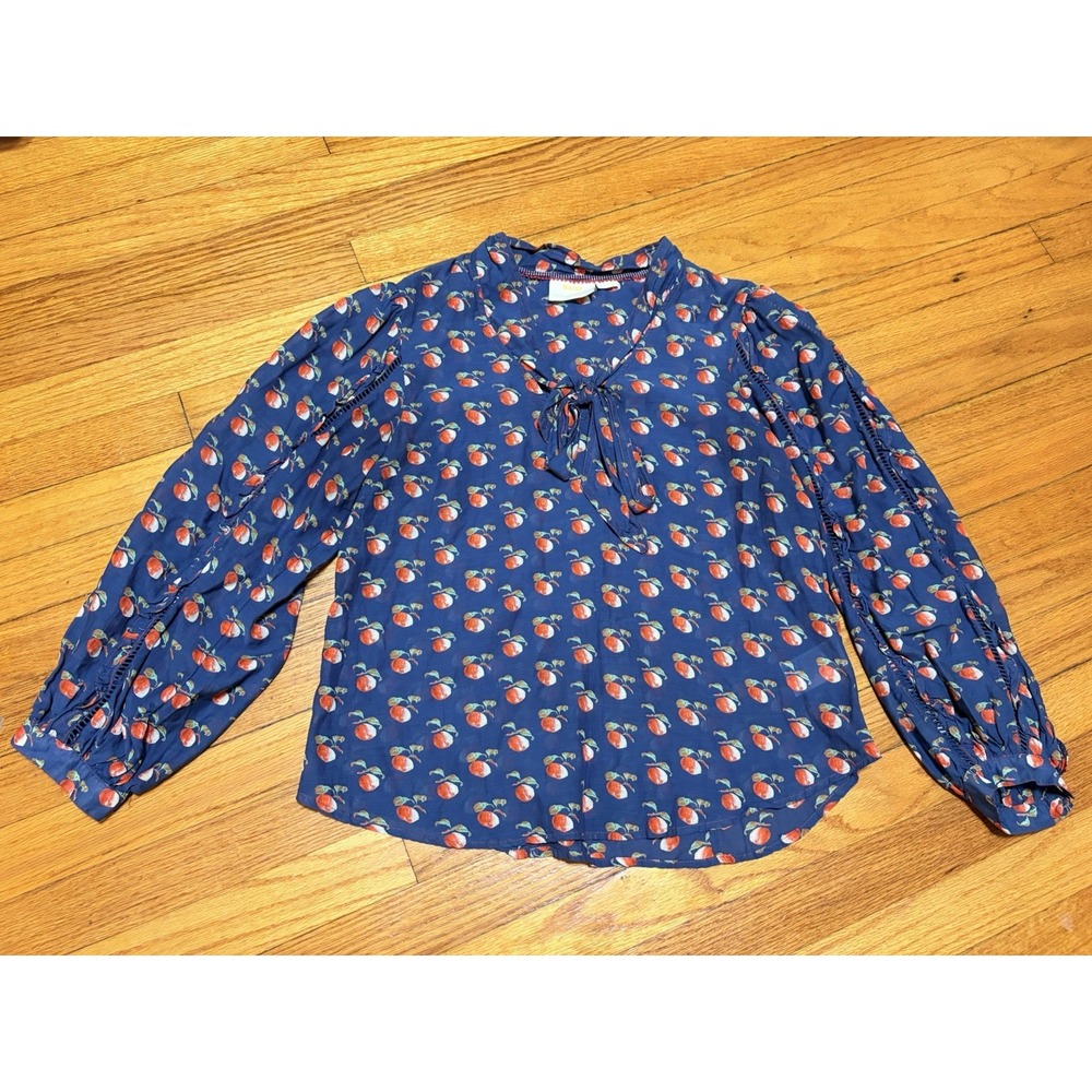 Anthropologie Maeve Top Blouse Blue Apple Balloon Sleeve Sz 10